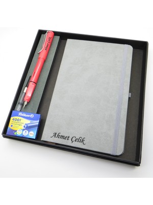 Signator® Codex | N324 Kişiye Özel Defterli Set - Isme Özel Kırmızı Dolma Kalem + Isme Özel Gri Defter + Yedek Kartuş| Isme Özel Kutusunda Hediyelik Set