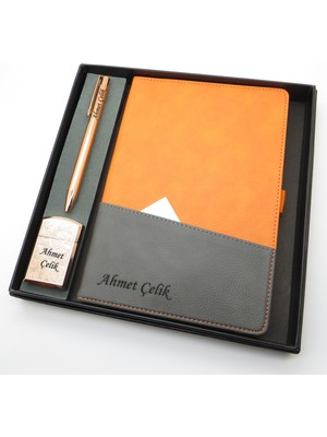 Signator® Codex | N197 Kişiye Özel Defterli Set - Isme Özel Turuncu Kalem + Isme Özel Turuncu Defter + Isme Özel Gold Çakmak| Isme Özel Kutusunda Hediyelik Set