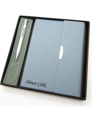 Signator® Codex | N211 Kişiye Özel Defterli Set - Isme Özel Gümüş Kalem + Isme Özel Açık Mavi Defter | Isme Özel Kutusunda Hediyelik Set