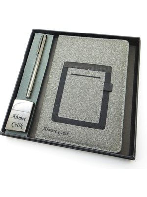 Signator® Codex | N347 Kişiye Özel Defterli Set - Isme Özel Gri Kalem + Isme Özel Gri Defter + Isme Özel Çakmak | Isme Özel Kutusunda Hediyelik Set