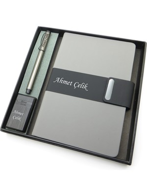 Signator® Codex | N225 Kişiye Özel Defterli Set - Isme Özel Gri Kalem + Isme Özel Gri Defter + Isme Özel Siyah Çakmak | Isme Özel Kutusunda Hediyelik Set