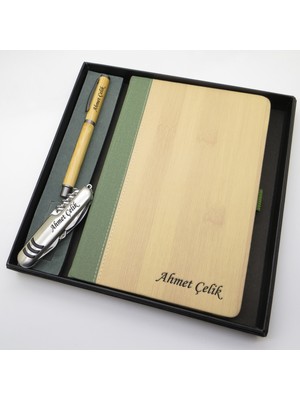 Signator® Codex | N219 Kişiye Özel Defterli Set - Isme Özel Bambu Kalem + Isme Özel Bambu Defter + Isme Özel Gümüş Çakı | Isme Özel Kutusunda Hediyelik Set