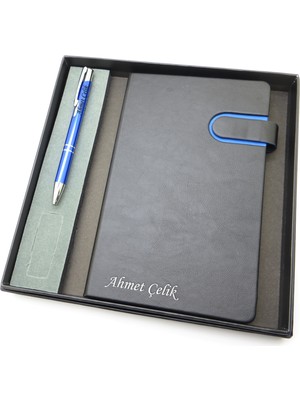 Signator® Codex | N293 Kişiye Özel Defterli Set - Isme Özel Mavi Kalem + Isme Özel Siyah Defter | Isme Özel Kutusunda Hediyelik Set