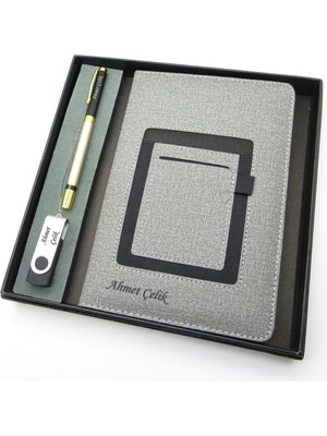 Signator® Codex | N351 Kişiye Özel Defterli Set - Isme Özel Siyah/gold Kalem + Isme Özel Gri Defter + Isme Özel 32 GB USB Bellek | Isme Özel Kutusunda Hediyelik Set