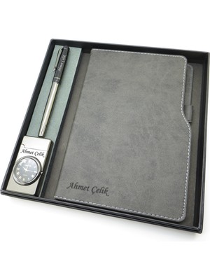 Signator® Codex | N361 Kişiye Özel Defterli Set - Isme Özel Gümüş/siyah Kalem + Isme Özel Gri Defter + Isme Özel Çakmak | Isme Özel Kutusunda Hediyelik Set