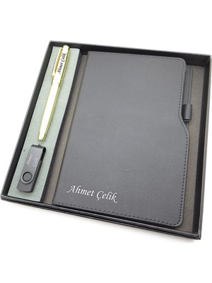 Signator® Codex | N356 Kişiye Özel Defterli Set - Isme Özel Gold Kalem + Isme Özel Siyah Defter + Isme Özel 32 GB USB Bellek | Isme Özel Kutusunda Hediyelik Set