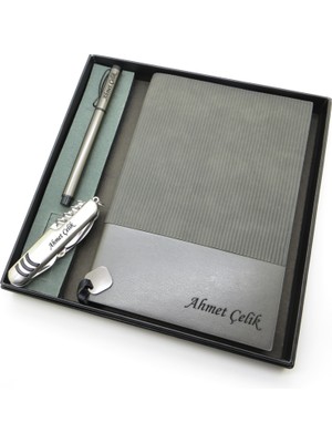 Signator® Codex | N150 Kişiye Özel Defterli Set - Isme Özel Gri Kalem + Isme Özel Gri Defter + Isme Özel Çakı | Isme Özel Kutusunda Hediyelik Set