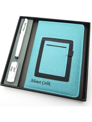 Signator® Codex | N353 Kişiye Özel Defterli Set - Isme Özel Beyaz Kalem + Isme Özel Turkuaz Defter + Isme Özel 32 GB USB Bellek | Isme Özel Kutusunda Hediyelik Set