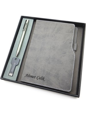 Signator® Codex | N162 Kişiye Özel Defterli Set - Isme Özel Gri Kalem + Isme Özel Gri Defter + Isme Özel 32 GB USB Bellek| Isme Özel Kutusunda Hediyelik Set