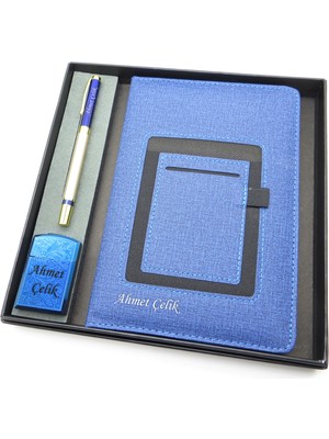 Signator® Codex | N350 Kişiye Özel Defterli Set - Isme Özel Mavi/gold Kalem + Isme Özel Mavi Defter + Isme Özel Mavi Çakmak | Isme Özel Kutusunda Hediyelik Set