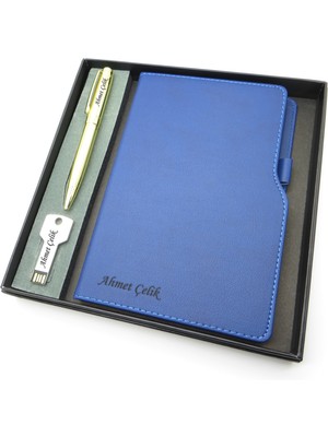 Signator® Codex | N363 Kişiye Özel Defterli Set - Isme Özel Gold Kalem + Isme Özel Mavi Defter + Isme Özel 32 GB USB Bellek | Isme Özel Kutusunda Hediyelik Set