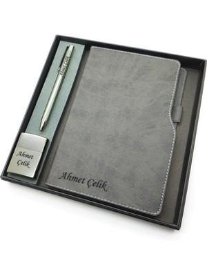 Signator® Codex | N164 Kişiye Özel Defterli Set - Isme Özel Gri Kalem + Isme Özel Gri Defter + Isme Özel Gümüş Çakmak | Isme Özel Kutusunda Hediyelik Set