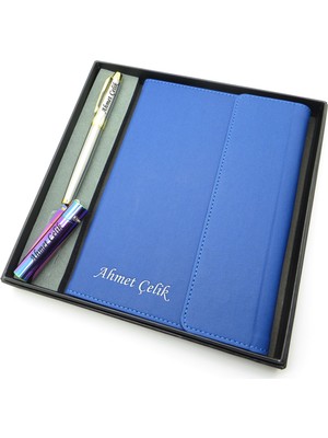 Signator® Codex | N330 Kişiye Özel Defterli Set - Isme Özel Gümüş Kalem + Isme Özel Mavi Defter + Isme Özel Gökkuşağı Çakmak | Isme Özel Kutusunda Hediyelik Set
