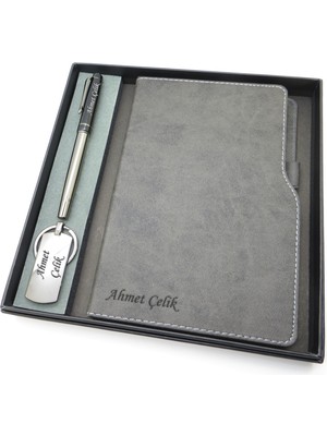 Signator® Codex | N360 Kişiye Özel Defterli Set - Isme Özel Gümüş/siyah Kalem + Isme Özel Gri Defter + Isme Özel Anahtarlık | Isme Özel Kutusunda Hediyelik Set