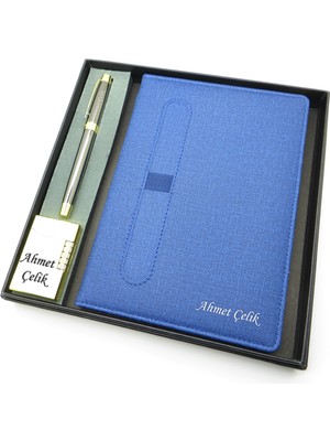 Signator® Codex | N344 Kişiye Özel Defterli Set - Isme Özel Gri Kalem + Isme Özel Mavi Defter + Isme Özel Gold Çakmak | Isme Özel Kutusunda Hediyelik Set