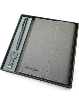 Signator® Codex | N376 Kişiye Özel Defterli Set - Isme Özel Siyah Kalem + Isme Özel Gri Defter + Isme Özel 32 GB USB Bellek | Isme Özel Kutusunda Hediyelik Set