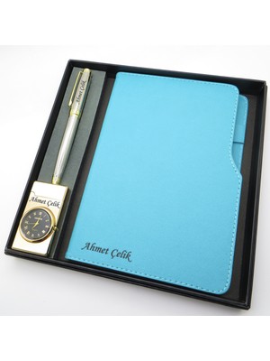 Signator® Codex | N364 Kişiye Özel Defterli Set - Isme Özel Gümüş Kalem + Isme Özel Turkuaz Defter + Isme Özel Gold Çakmak | Isme Özel Kutusunda Hediyelik Set