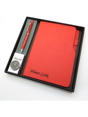 Signator® Codex | N170 Kişiye Özel Defterli Set - Isme Özel Kırmızı Kalem + Isme Özel Kırmızı Defter + Isme Özel Gümüş Çakmak | Isme Özel Kutusunda Hediyelik Set