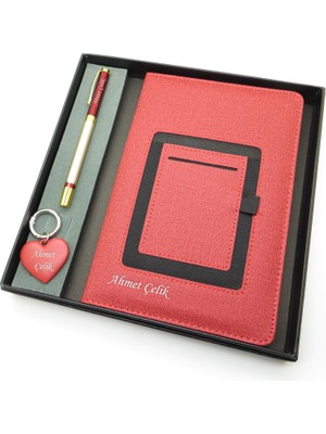 Signator® Codex | N348 Kişiye Özel Defterli Set - Isme Özel Gold Kalem + Isme Özel Kırmızı Defter + Isme Özel Anahtarlık | Isme Özel Kutusunda Hediyelik Set