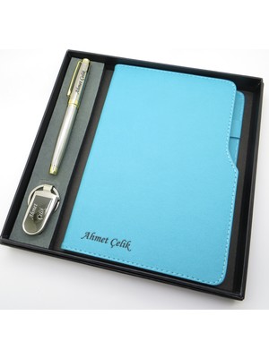 Signator® Codex | N365 Kişiye Özel Defterli Set - Isme Özel Gümüş Kalem + Isme Özel Turkuaz Defter + Isme Özel Anahtarlık | Isme Özel Kutusunda Hediyelik Set