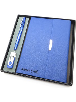 Signator® Codex | N209 Kişiye Özel Defterli Set - Isme Özel Mavi Kalem + Isme Özel Mavi Defter + Isme Özel 32 GB USB Bellek| Isme Özel Kutusunda Hediyelik Set