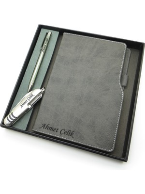 Signator® Codex | N165 Kişiye Özel Defterli Set - Isme Özel Gri Kalem + Isme Özel Gri Defter + Isme Özel Gümüş Çakı | Isme Özel Kutusunda Hediyelik Set
