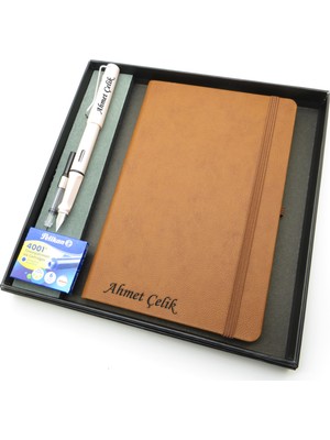 Signator® Codex | N313 Kişiye Özel Defterli Set - Isme Özel Beyaz Dolma Kalem + Isme Özel Kahverengi Defter + Yedek Kartuş| Isme Özel Kutusunda Hediyelik Set
