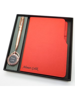 Signator® Codex | N359 Kişiye Özel Defterli Set - Isme Özel Rose Gold Kalem + Isme Özel Kırmızı Defter + Isme Özel Anahtarlık | Isme Özel Kutusunda Hediyelik Set