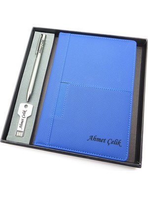 Signator® Codex | N271 Kişiye Özel Defterli Set - Isme Özel Gümüş Kalem + Isme Özel Mavi Defter + Isme Özel 32 GB USB Bellek| Isme Özel Kutusunda Hediyelik Set