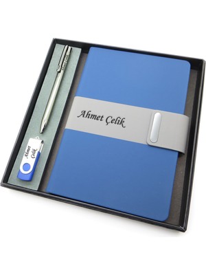 Signator® Codex | N222 Kişiye Özel Defterli Set - Isme Özel Gri Kalem + Isme Özel Mavi Defter + Isme Özel 32 GB USB Bellek| Isme Özel Kutusunda Hediyelik Set