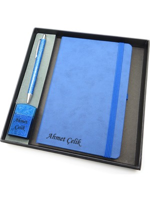 Signator® Codex | N268 Kişiye Özel Defterli Set - Isme Özel Mavi Kalem + Isme Özel Mavi Defter + Isme Özel Mavi Çakmak | Isme Özel Kutusunda Hediyelik Set