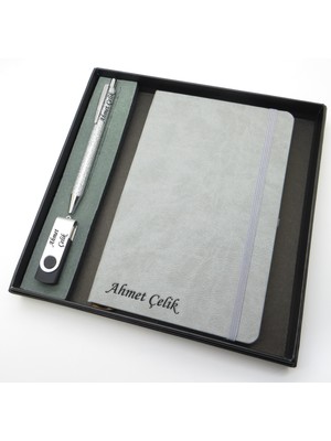 Signator® Codex | N254 Kişiye Özel Defterli Set - Isme Özel Gri Kalem + Isme Özel Gri Defter + Isme Özel 32 GB USB Bellek| Isme Özel Kutusunda Hediyelik Set