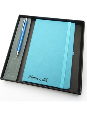 Signator® Codex | N265 Kişiye Özel Defterli Set - Isme Özel Mavi Kalem + Isme Özel Turkuaz Defter | Isme Özel Kutusunda Hediyelik Set