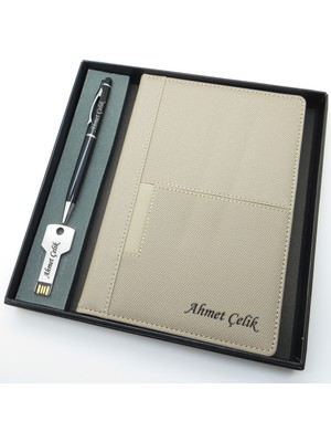 Signator® Codex | N282 Kişiye Özel Defterli Set - Isme Özel Siyah Kalem + Isme Özel Bej Defter + Isme Özel 32 GB USB Bellek| Isme Özel Kutusunda Hediyelik Set