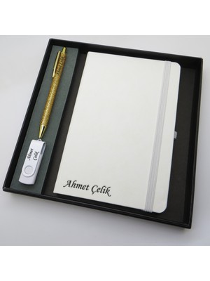 Signator® Codex | N244 Kişiye Özel Defterli Set - Isme Özel Gold Kalem + Isme Özel Beyaz Defter+ Isme Özel 32 GB USB Bellek | Isme Özel Kutusunda Hediyelik Set