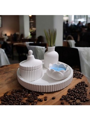 4lü Sunum Tebsi Set Lotus Çiçek Kapaklı Şekerlik Minimal Vazo Pampas ,dekoratif Tepsi Set
