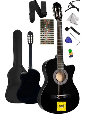 4/4 Kesik Kasa Sap Ayarlı Siyah Klasik Gitar Seti Full Set
