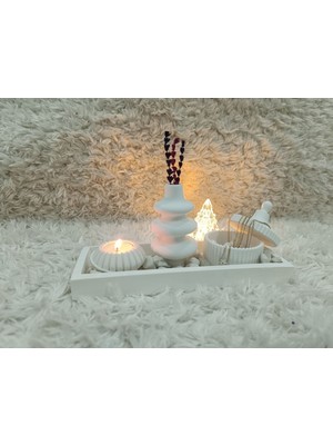 Taş Tozu, Dekoratif Obje ve Biblo Süs Eşyası, Tepsi-Mumluk 4'lü Set (Boyalı, Vernikli)