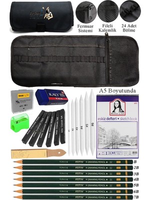 A5 Telli Eskiz Defteri Monalisa Spiralli Kömür Kalem Karakalem Rulo Kalemlik Siyah 24 Bölmeli Dereceli Kalem Gölgeleme