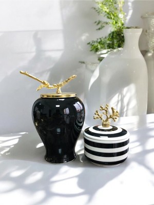 Dekoratif Obje Gold Dallı Siyah Şah Küp Mercan Zamaklı Klasik Zebra Obje