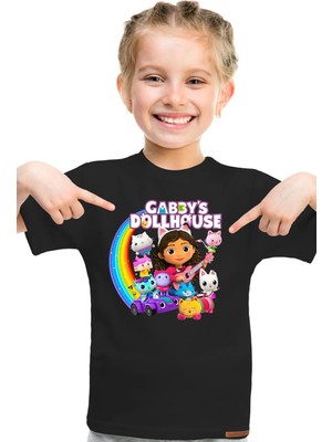 Gabby's Dollhouse Desen Baskılı Çocuk Unisex Siyah ve Beyaz Tshirt