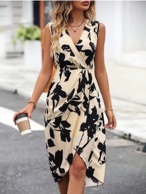 Defy Moda Kadın Sıfır Kol Kruvaze Yaka Önden Çapraz Kesim Detaylı Desenli Oysho Süprem Elbise