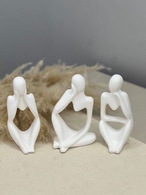 Dekoratif 3’lü Düşünen Soyut Obje-Biblo Heykel Set+Minimal Baykuş Obje Hediyeli