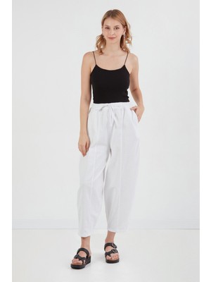 Beli Lastikli Yüksek Bel Keten Şalvar Pantolon