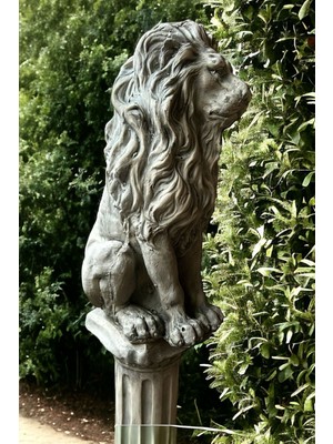 Dekoratif 53CM Gri Aslan ve Sütun Heykeli 2’lı Set Biblo Bahçe Dekorasyonu