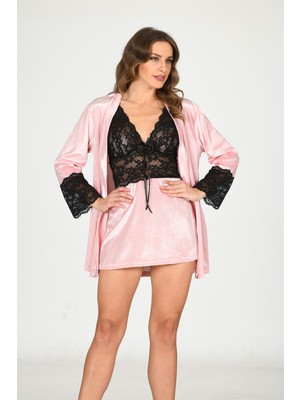 Pudra Kadife Sabahlık & Gecelik Takım 2' Li - 1446 - Beden Xl Drstr