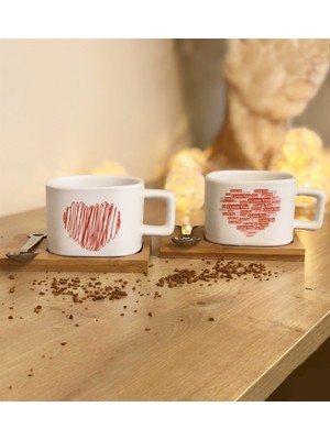Giftmoda I Love You Tasarımlı 2'li Ahşap Standlı Kupa Set