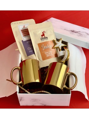 Giftmoda Çift Gold Kupa Sıcak Çikolata & Sahlep Sevgiliye Hediye Seti