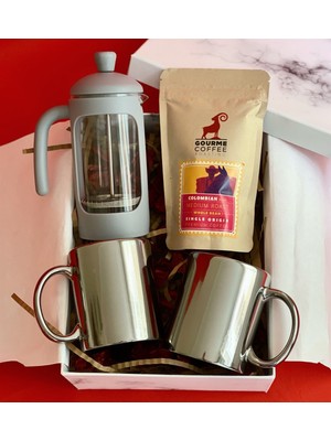 Giftmoda Çift Gümüş Kupa French Press & Filitre Kahve Sevgiliye Hediye Seti