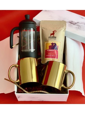 Giftmoda Çift Gold Kupa French Press & Filitre Kahve Sevgiliye Hediye Seti